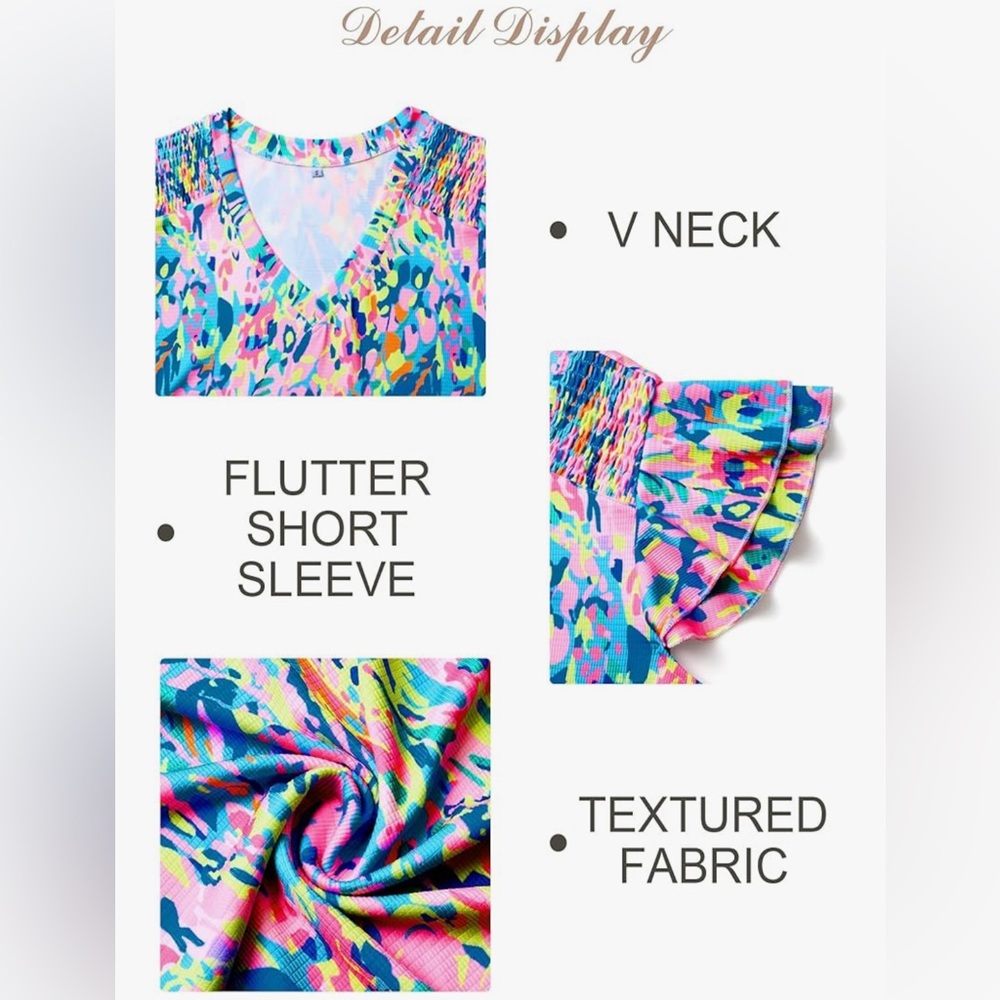 NEW Short Sleeve Pleated Crewneck Casual Blouse Colorful Shirt XL - Picture 6 of 6